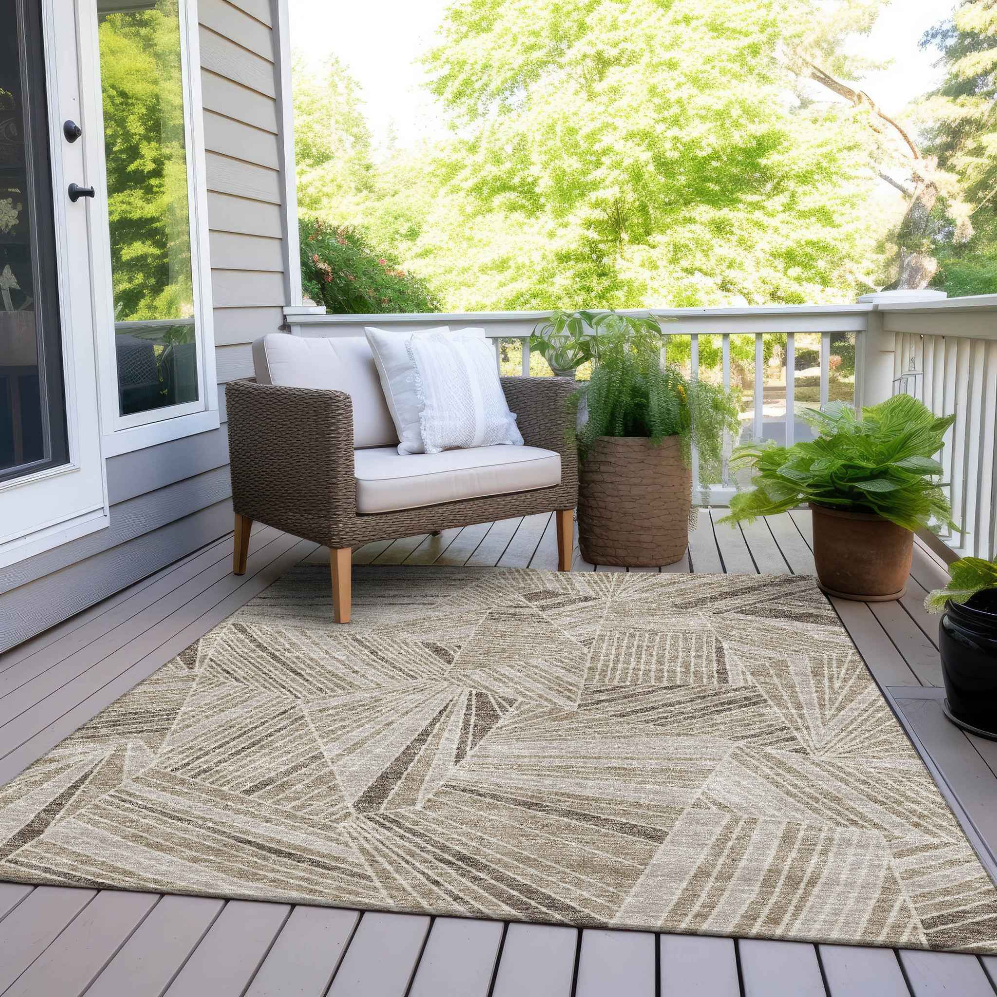 8' X 10' Beige Brown And Ivory Geometric Washable Indoor Outdoor Area Rug