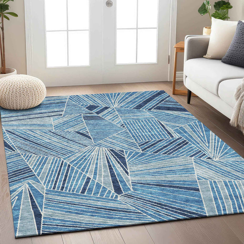 5' X 8' Blue And Teal Blue Geometric Washable Indoor Outdoor Area Rug