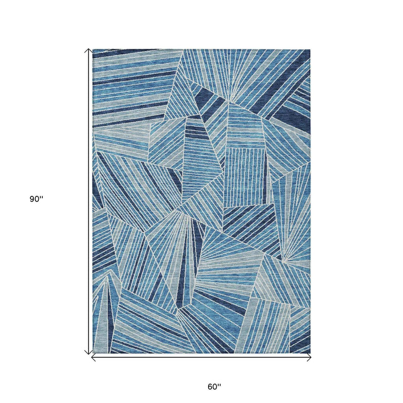 5' X 8' Blue And Teal Blue Geometric Washable Indoor Outdoor Area Rug