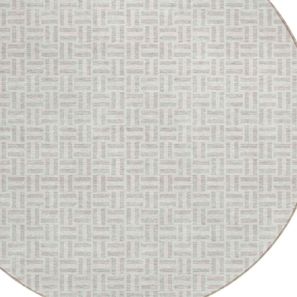 8' Taupe And Silver Round Geometric Washable Indoor Outdoor Area Rug
