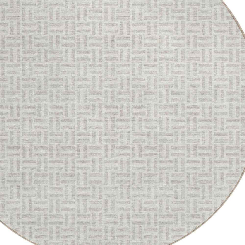 8' Taupe And Silver Round Geometric Washable Indoor Outdoor Area Rug