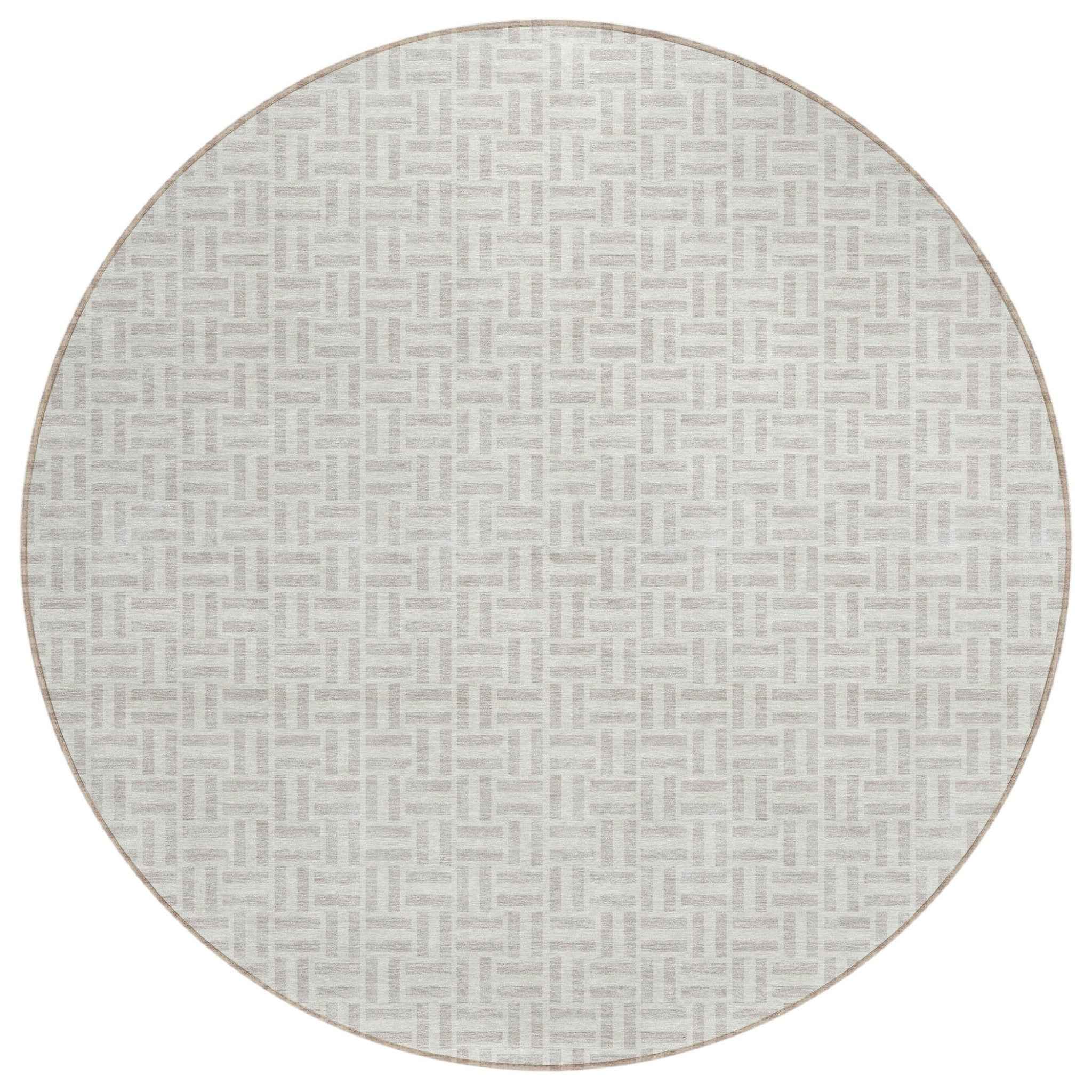 8' Taupe And Silver Round Geometric Washable Indoor Outdoor Area Rug