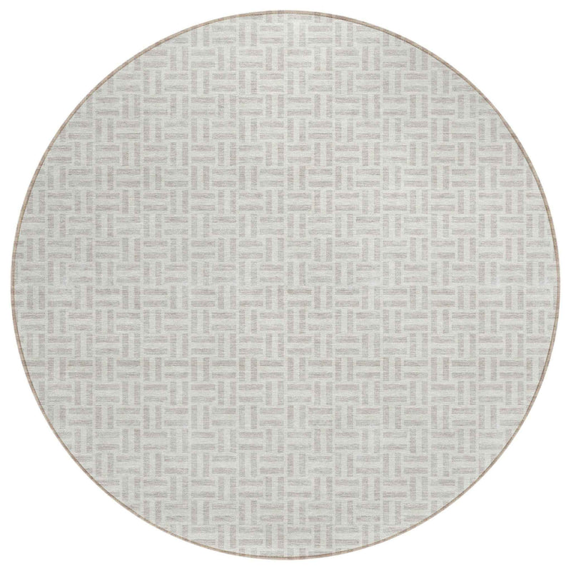 8' Taupe And Silver Round Geometric Washable Indoor Outdoor Area Rug