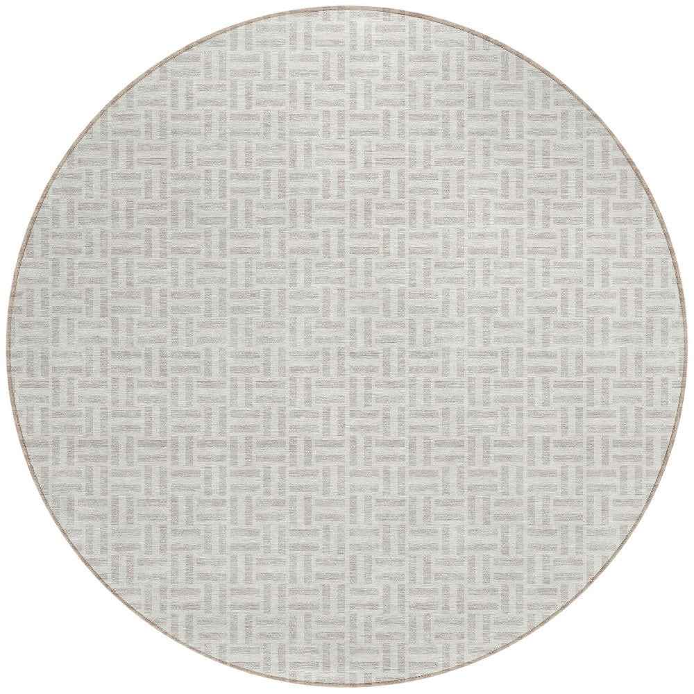 8' Taupe And Silver Round Geometric Washable Indoor Outdoor Area Rug