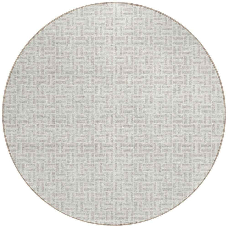 8' Taupe And Silver Round Geometric Washable Indoor Outdoor Area Rug
