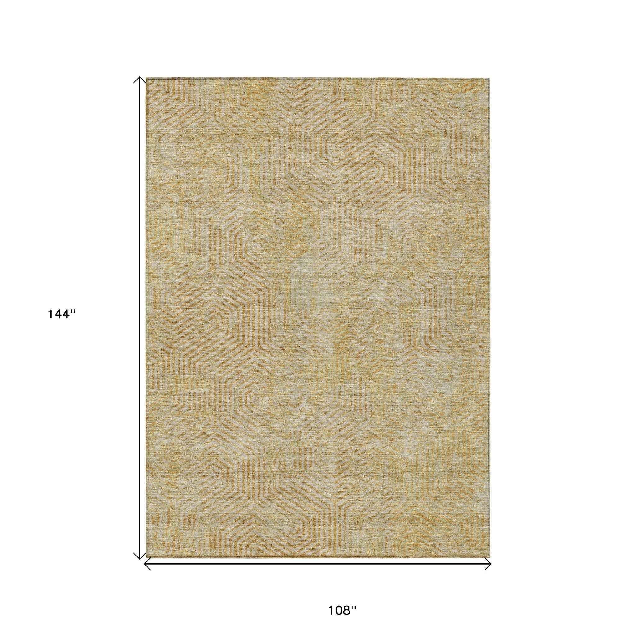 9' X 12' Gold And Beige Geometric Washable Indoor Outdoor Area Rug