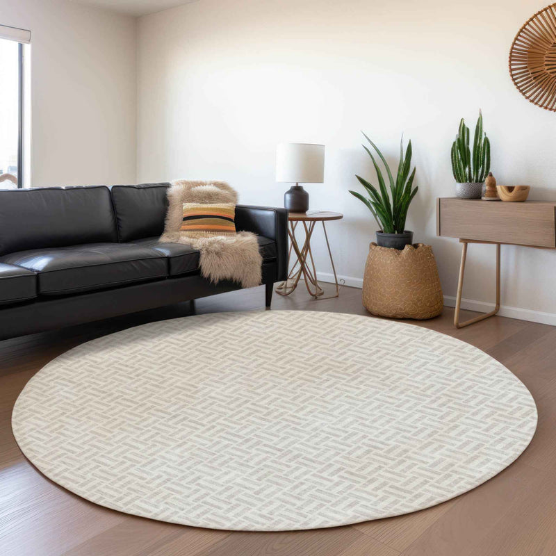 8' Taupe And Silver Round Geometric Washable Indoor Outdoor Area Rug