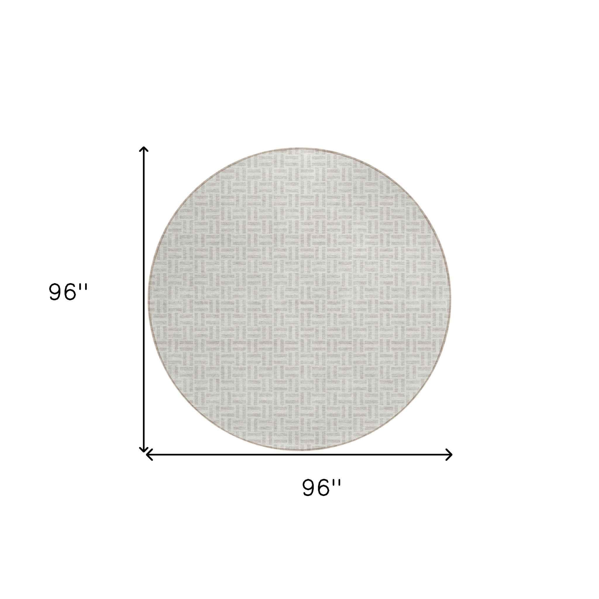 8' Taupe And Silver Round Geometric Washable Indoor Outdoor Area Rug