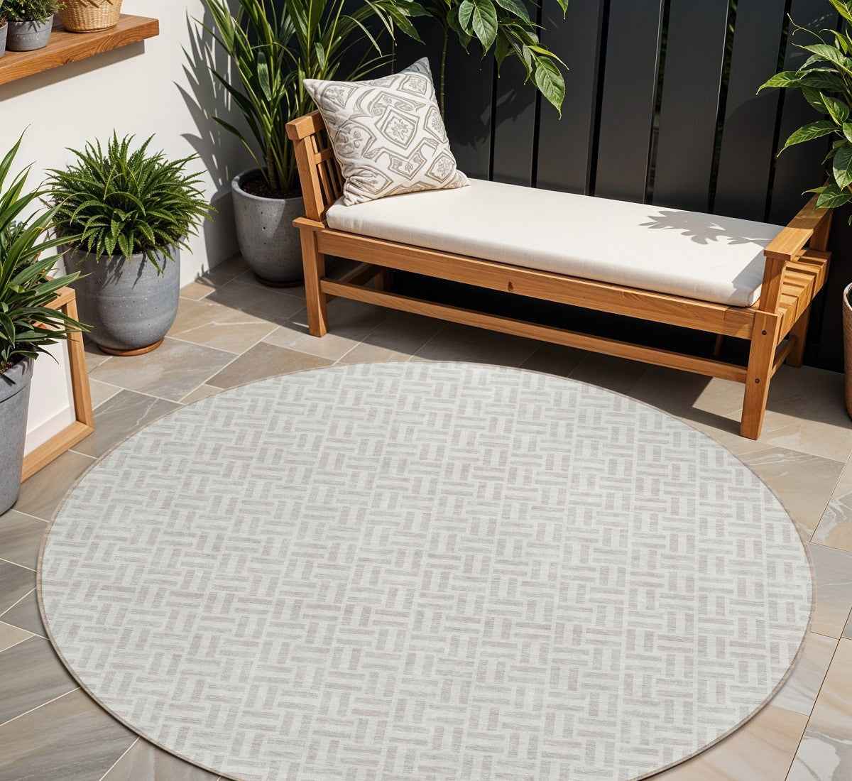 8' Taupe And Silver Round Geometric Washable Indoor Outdoor Area Rug