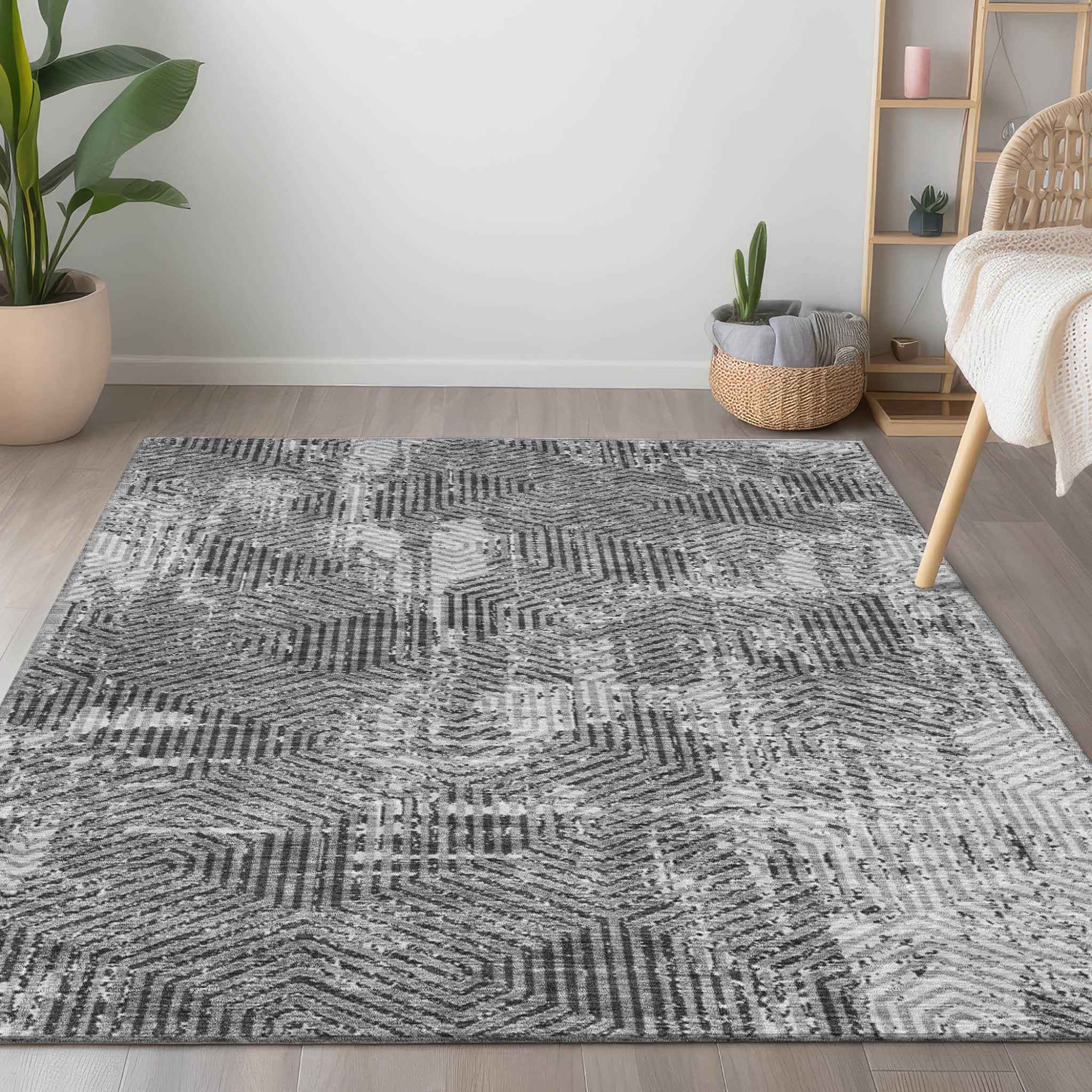 8' X 10' Gray And Charcoal Geometric Washable Indoor Outdoor Area Rug