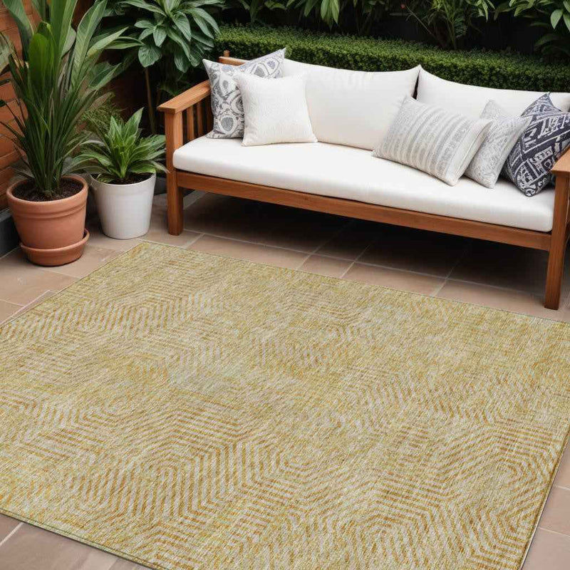 10' X 14' Gold And Beige Geometric Washable Indoor Outdoor Area Rug
