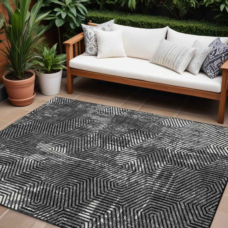 10' X 14' Black And Ivory Geometric Washable Indoor Outdoor Area Rug