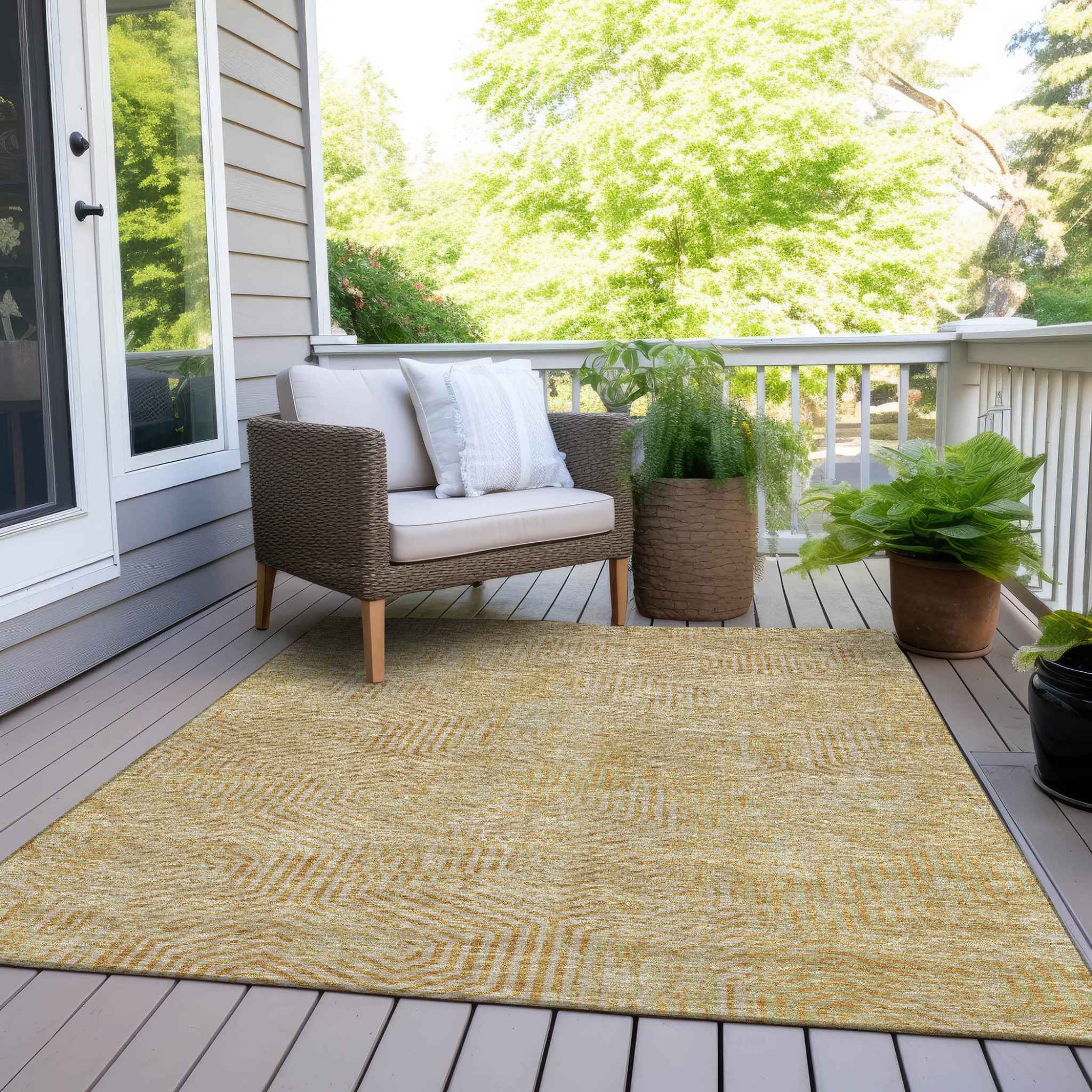 10' X 14' Gold And Beige Geometric Washable Indoor Outdoor Area Rug