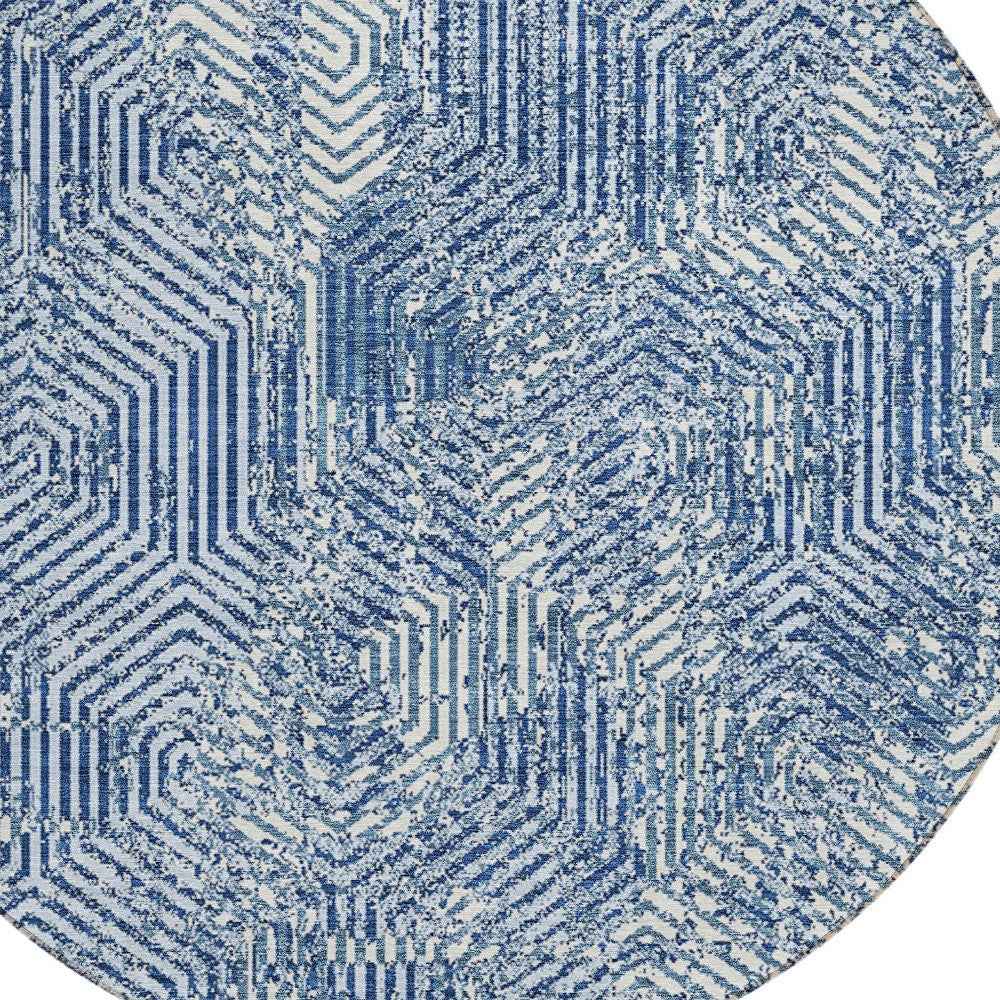 8' Navy Blue And Ivory Round Geometric Washable Indoor Outdoor Area Rug