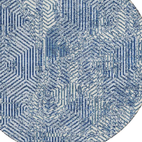 8' Navy Blue And Ivory Round Geometric Washable Indoor Outdoor Area Rug
