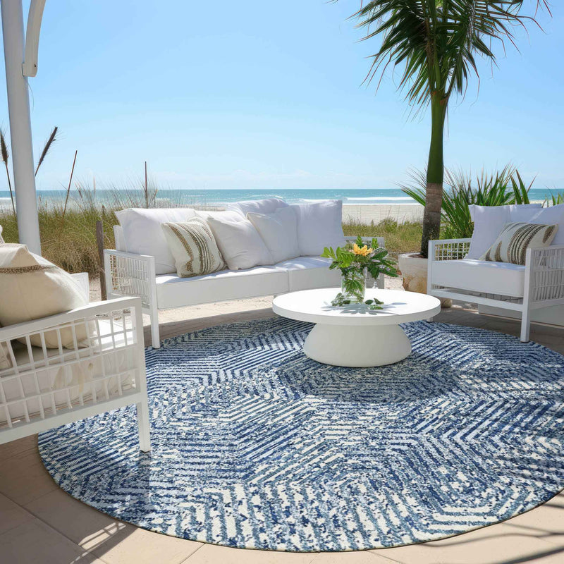 8' Navy Blue And Ivory Round Geometric Washable Indoor Outdoor Area Rug