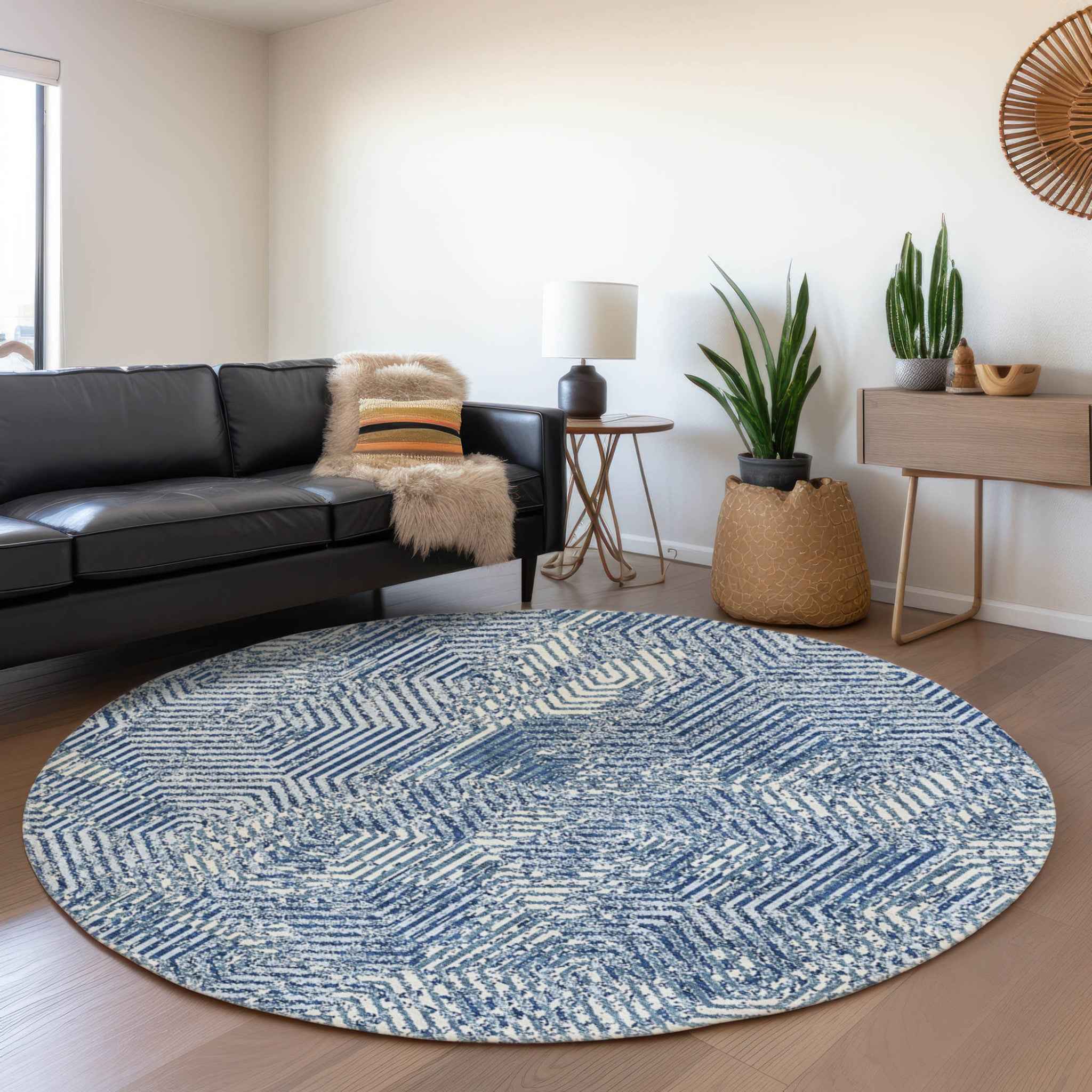 8' Navy Blue And Ivory Round Geometric Washable Indoor Outdoor Area Rug