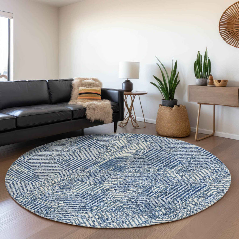 8' Navy Blue And Ivory Round Geometric Washable Indoor Outdoor Area Rug