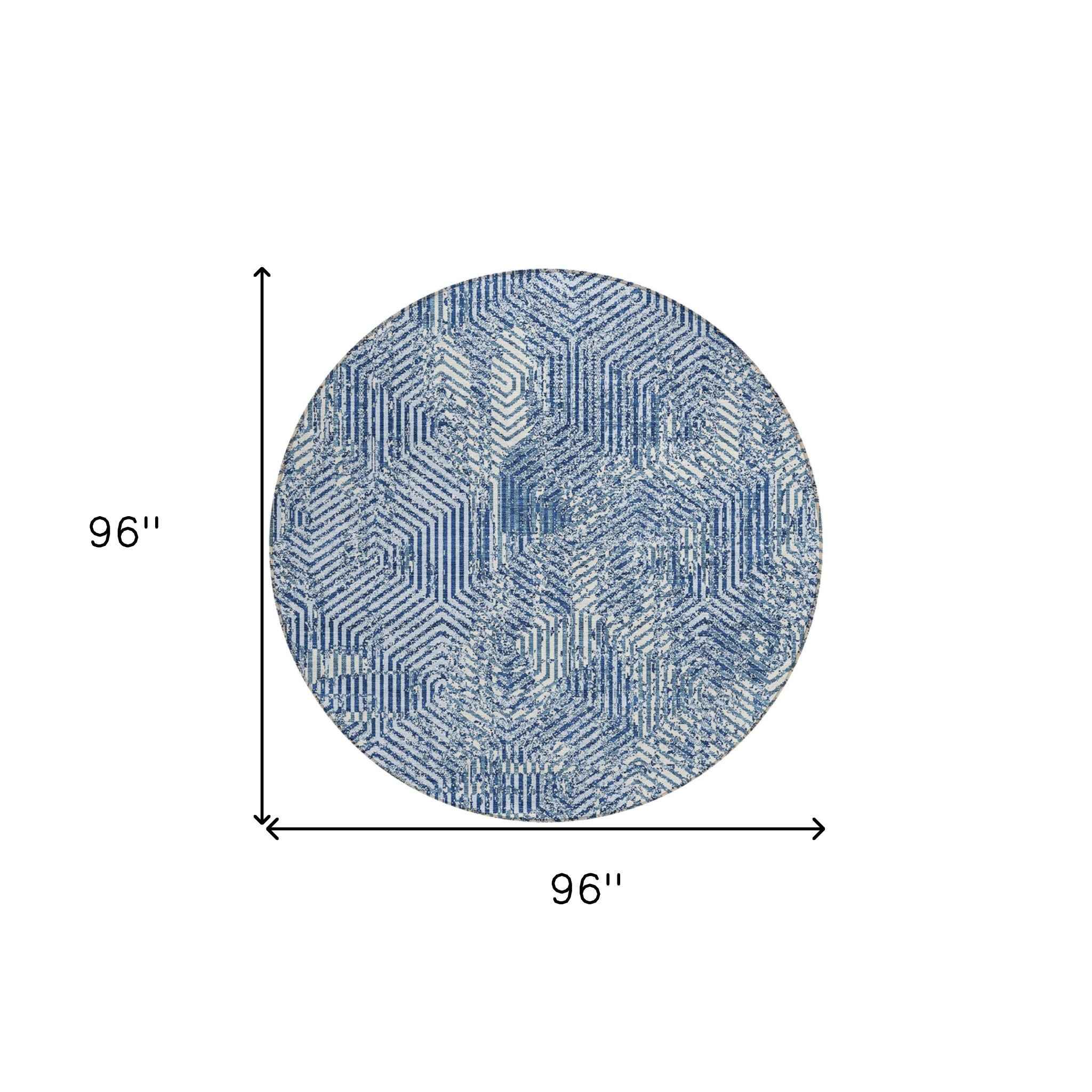 8' Navy Blue And Ivory Round Geometric Washable Indoor Outdoor Area Rug