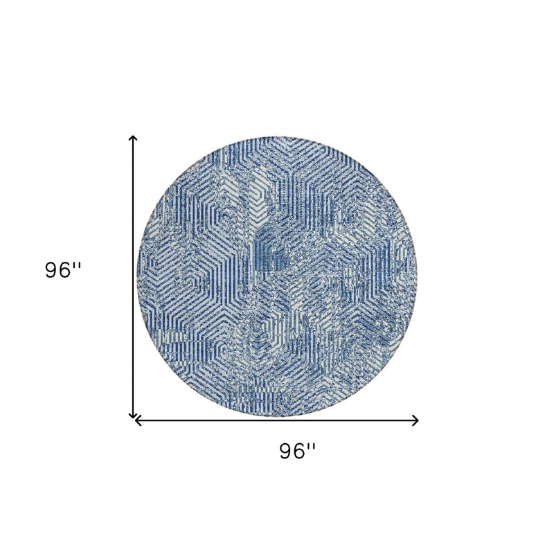 8' Navy Blue And Ivory Round Geometric Washable Indoor Outdoor Area Rug