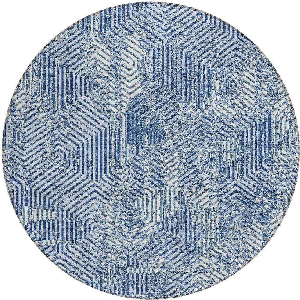 8' Navy Blue And Ivory Round Geometric Washable Indoor Outdoor Area Rug