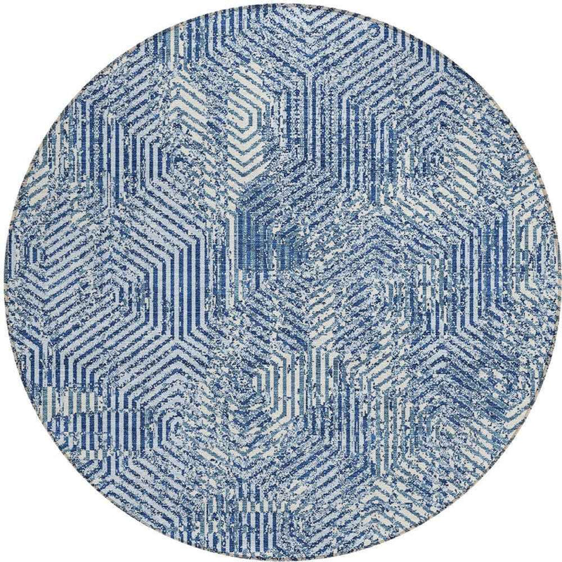 8' Navy Blue And Ivory Round Geometric Washable Indoor Outdoor Area Rug