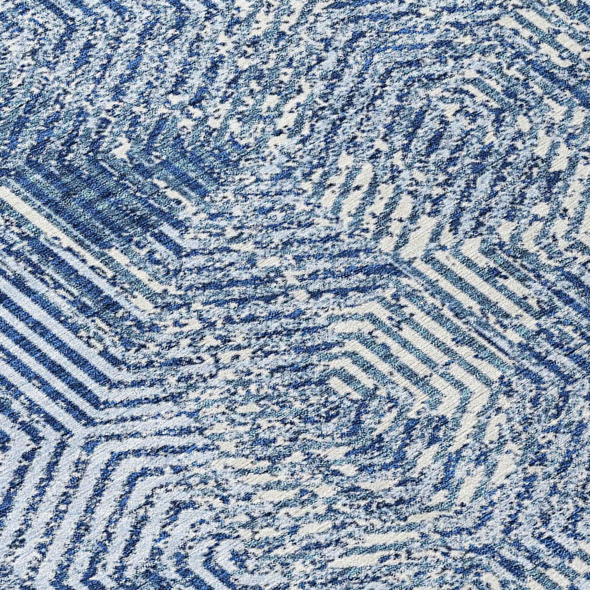 8' Navy Blue And Ivory Round Geometric Washable Indoor Outdoor Area Rug