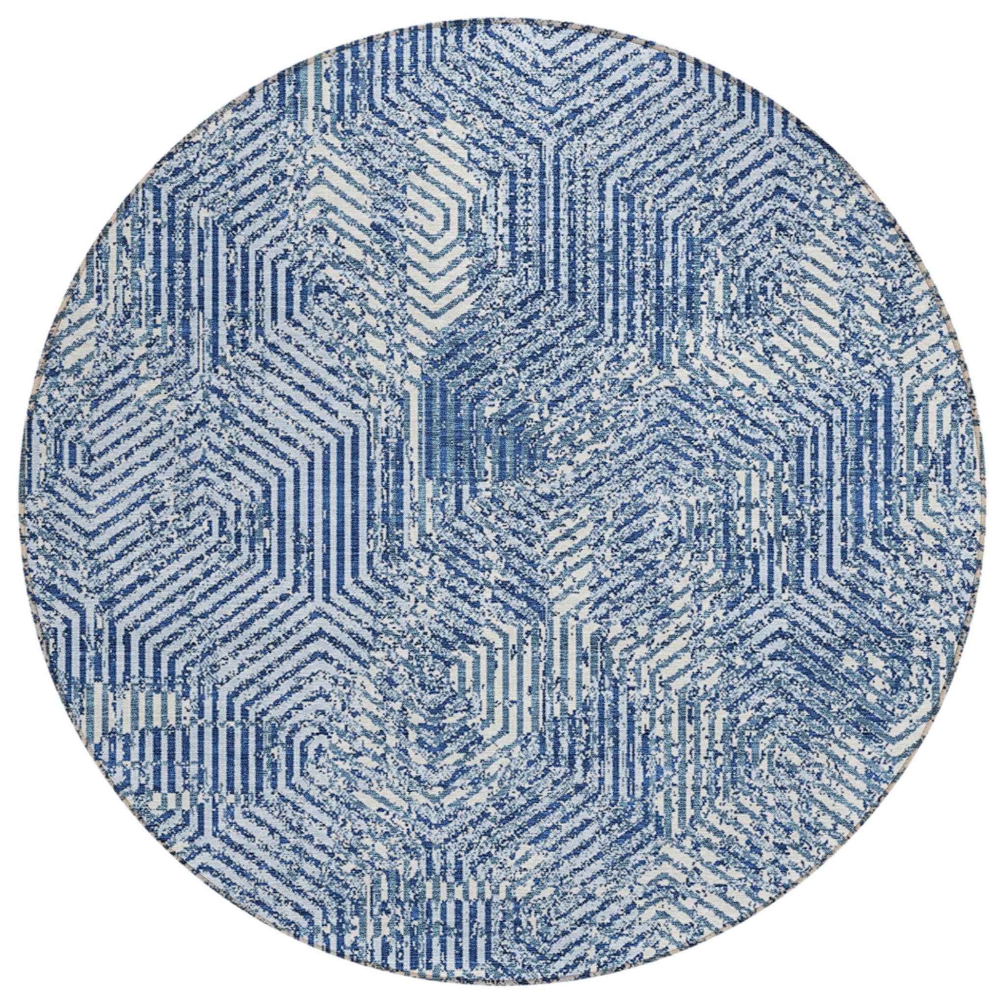 8' Navy Blue And Ivory Round Geometric Washable Indoor Outdoor Area Rug
