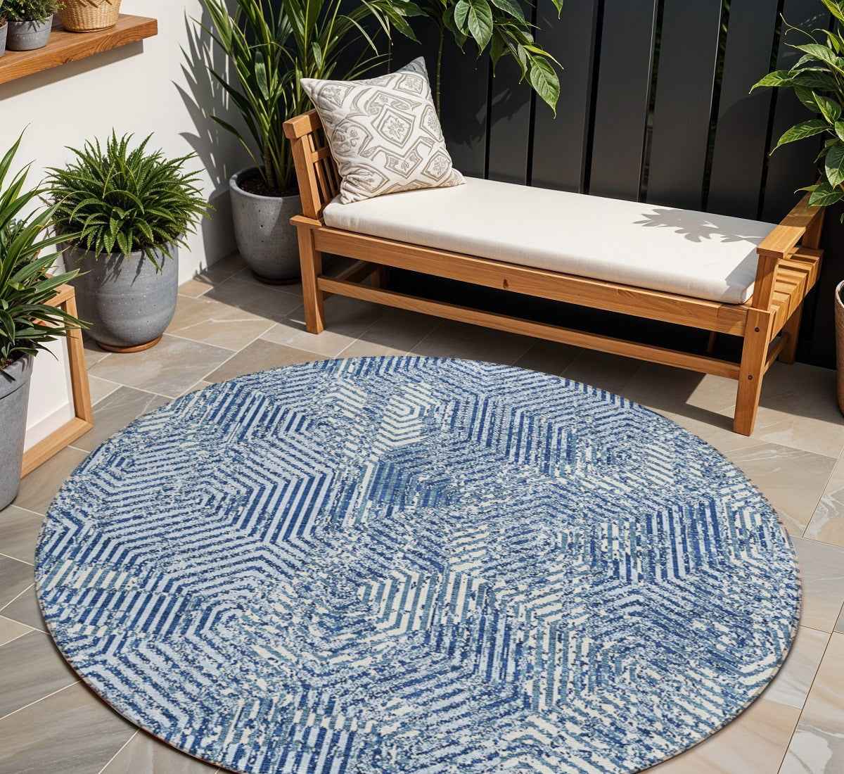 8' Navy Blue And Ivory Round Geometric Washable Indoor Outdoor Area Rug