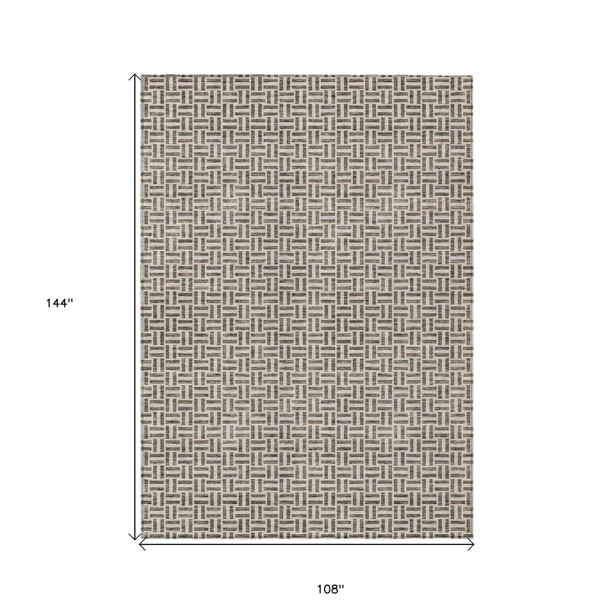 9' X 12' Brown And Beige Geometric Washable Indoor Outdoor Area Rug