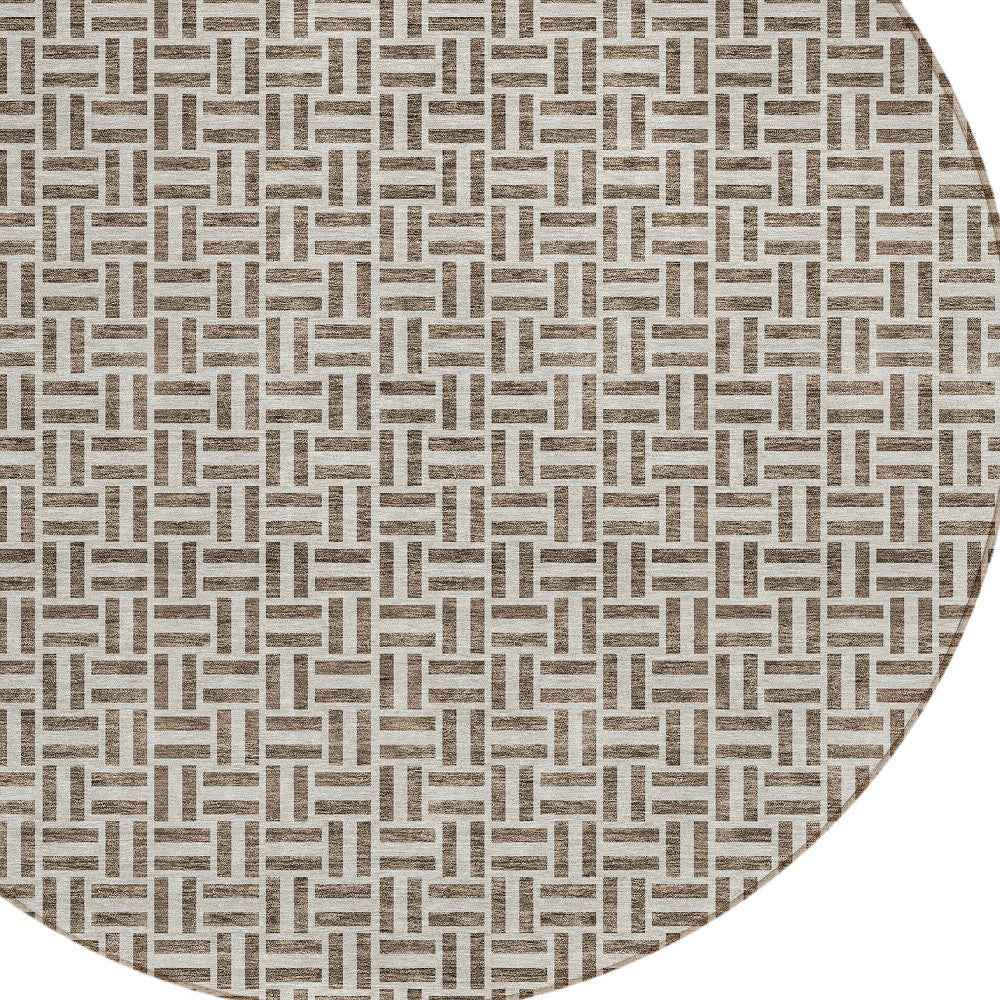 8' Brown And Beige Round Geometric Washable Indoor Outdoor Area Rug