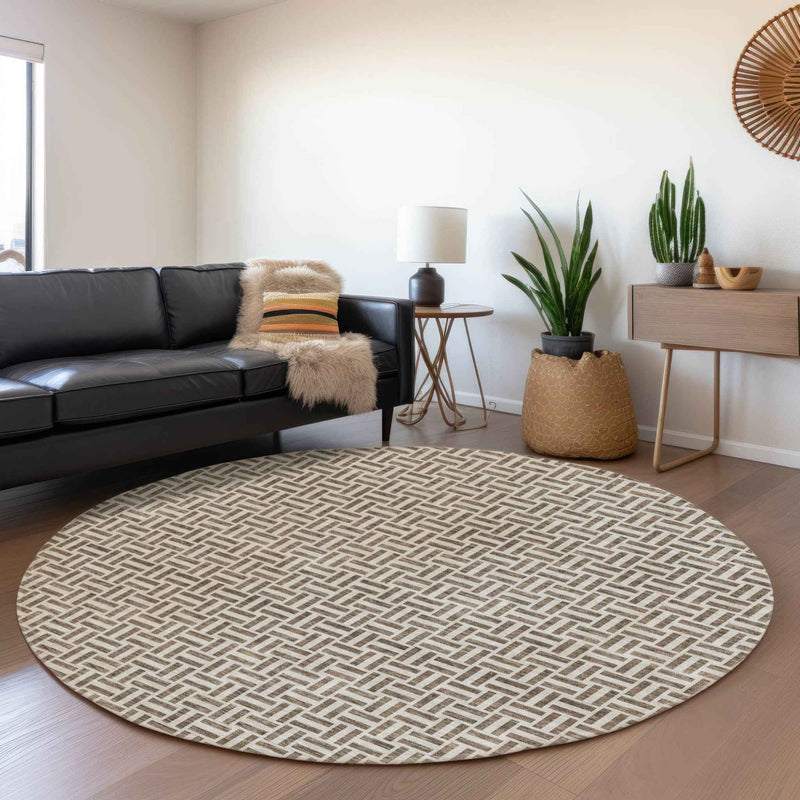 8' Brown And Beige Round Geometric Washable Indoor Outdoor Area Rug