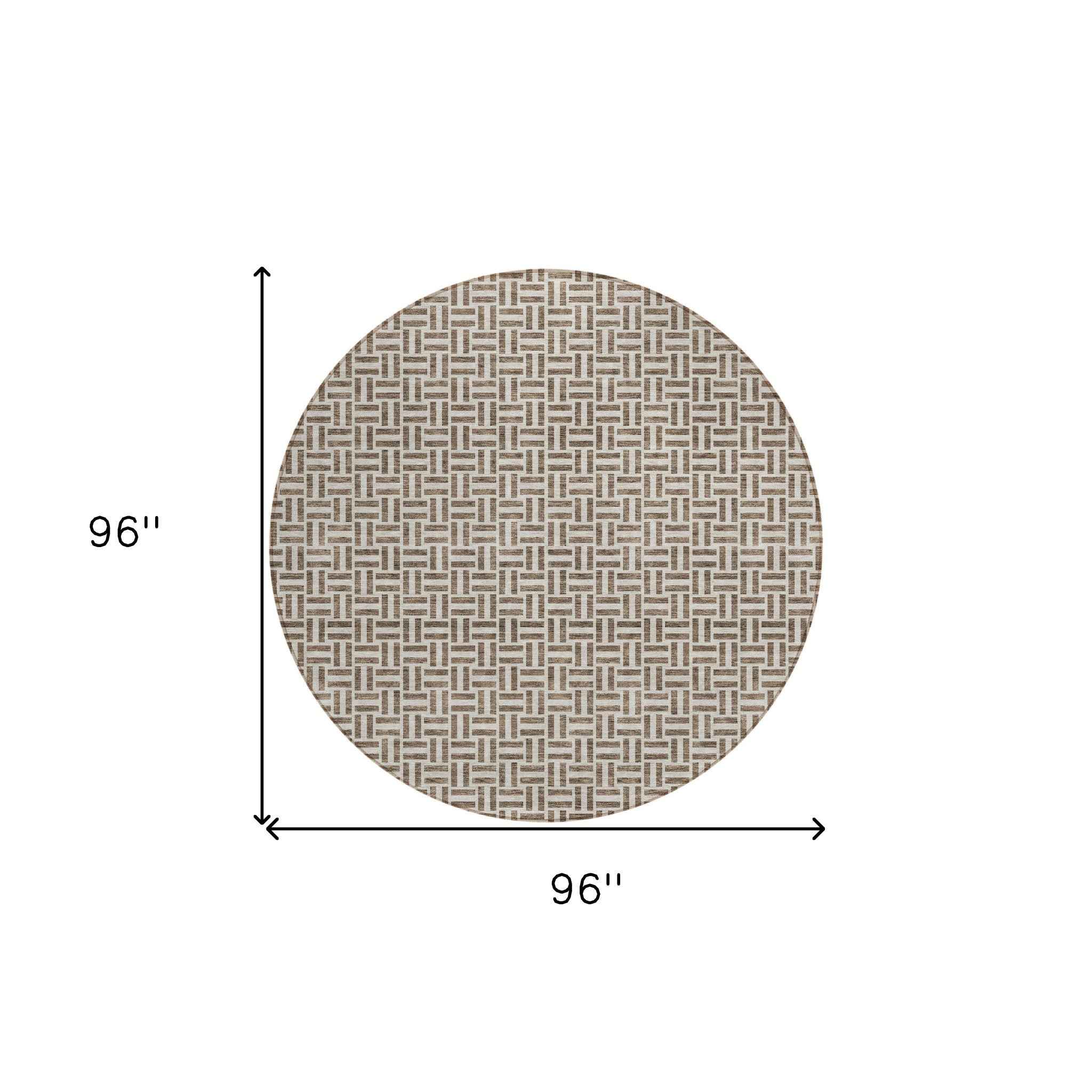 8' Brown And Beige Round Geometric Washable Indoor Outdoor Area Rug