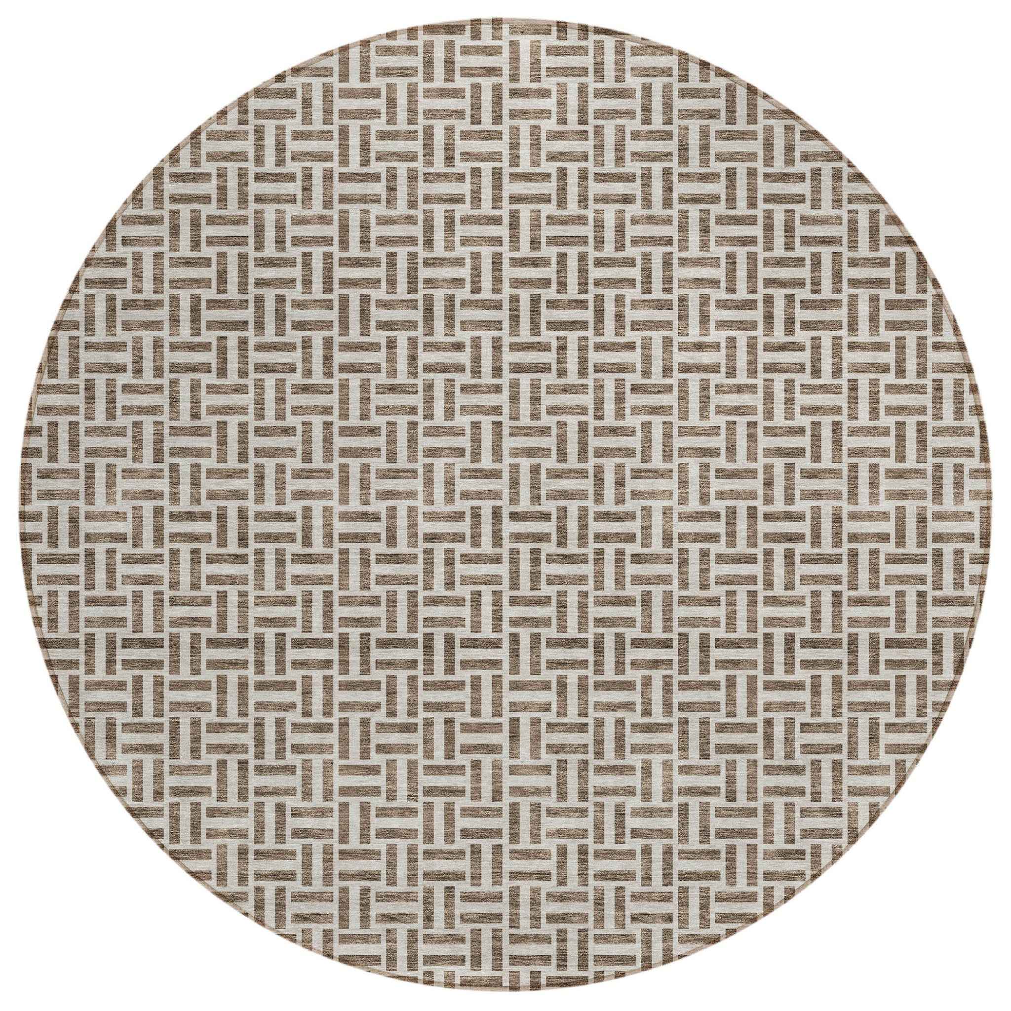 8' Brown And Beige Round Geometric Washable Indoor Outdoor Area Rug