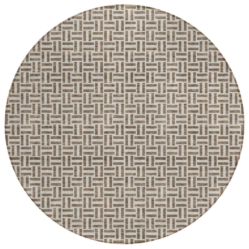 8' Brown And Beige Round Geometric Washable Indoor Outdoor Area Rug