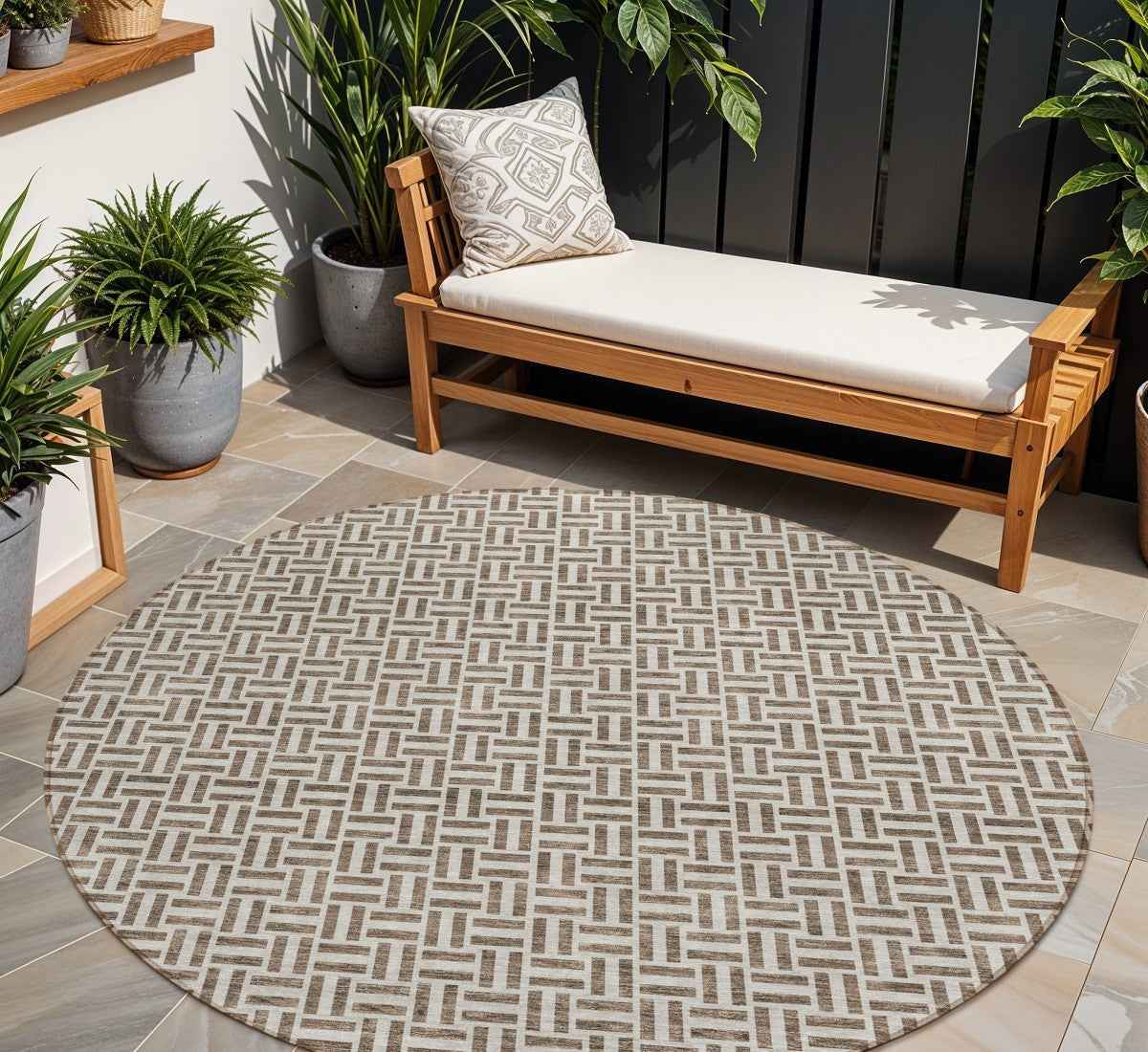 8' Brown And Beige Round Geometric Washable Indoor Outdoor Area Rug