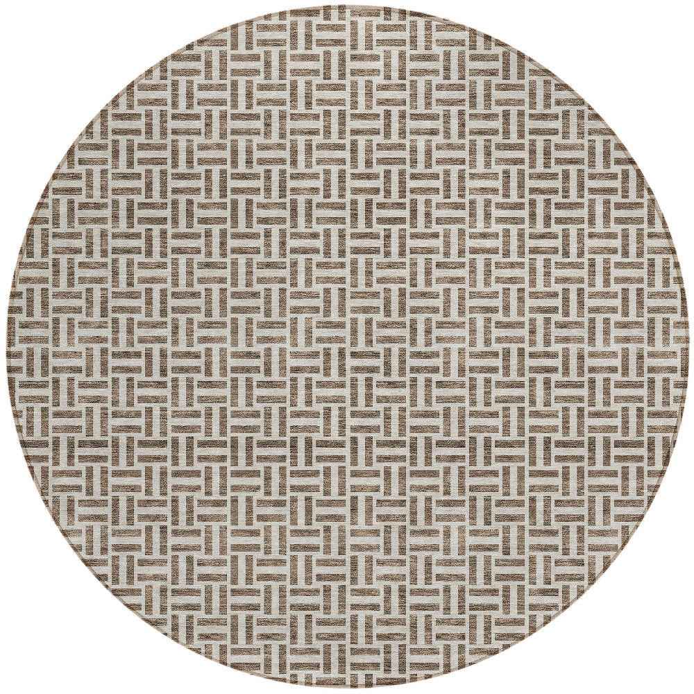 8' Brown And Beige Round Geometric Washable Indoor Outdoor Area Rug