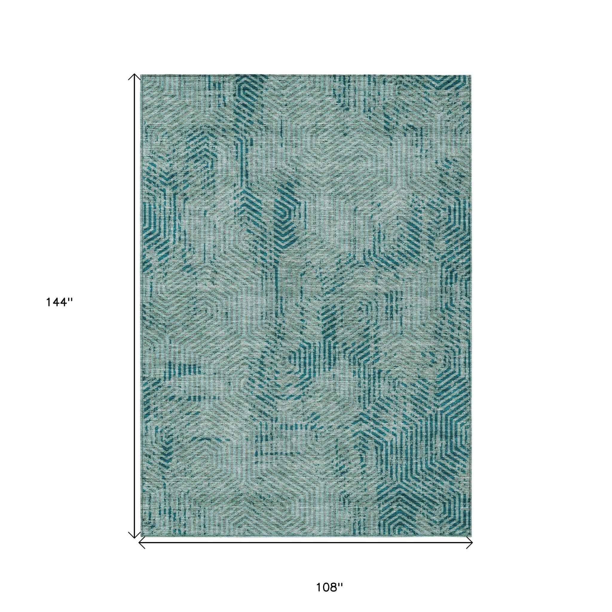 9' X 12' Teal Blue And Gray Geometric Washable Indoor Outdoor Area Rug
