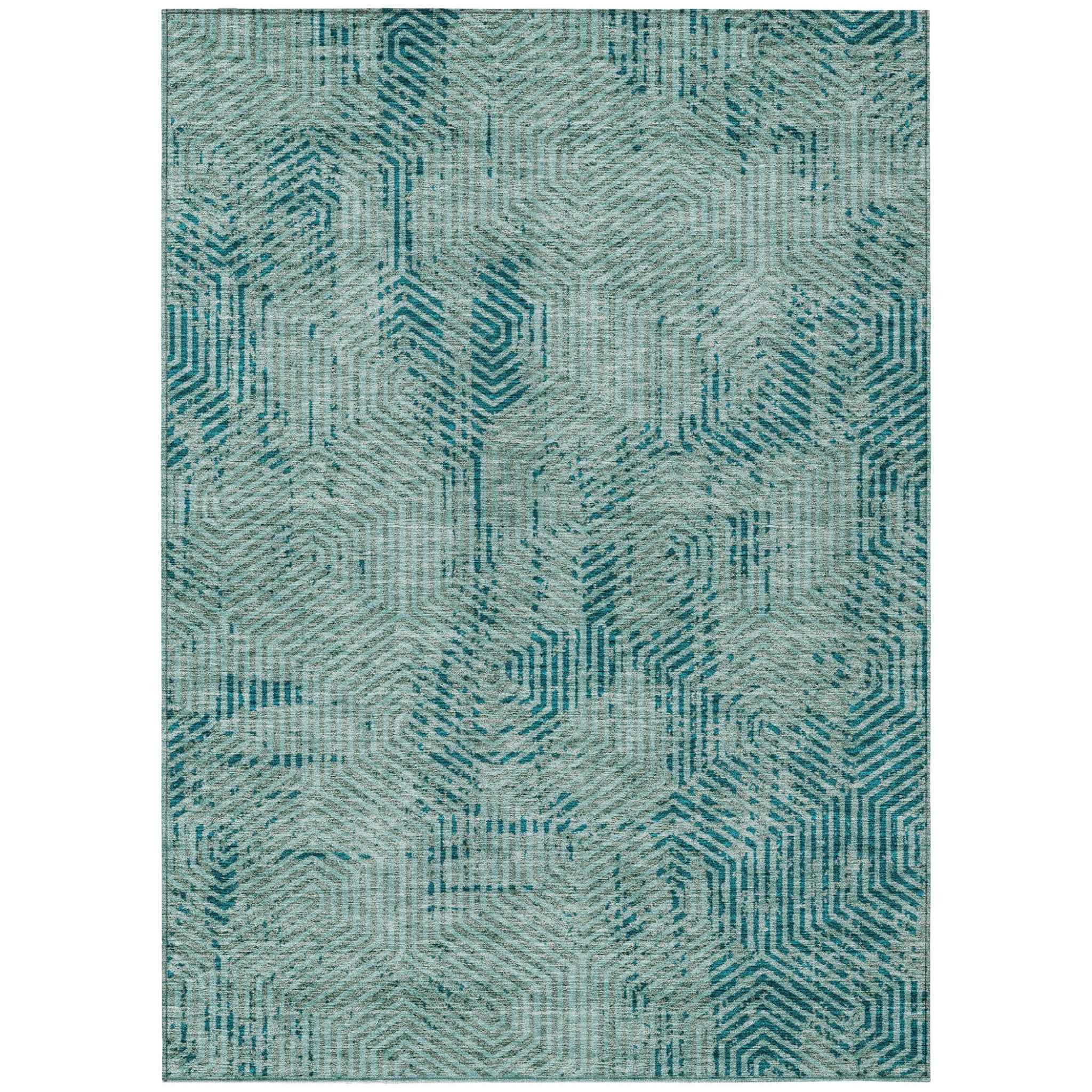9' X 12' Teal Blue And Gray Geometric Washable Indoor Outdoor Area Rug
