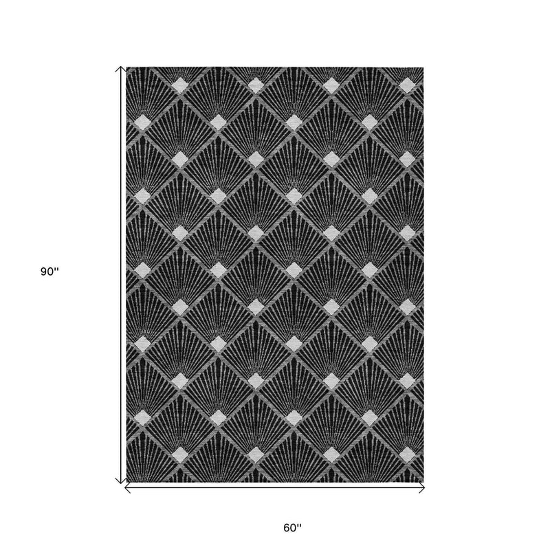 5' X 8' Black Gray And Ivory Geometric Washable Indoor Outdoor Area Rug