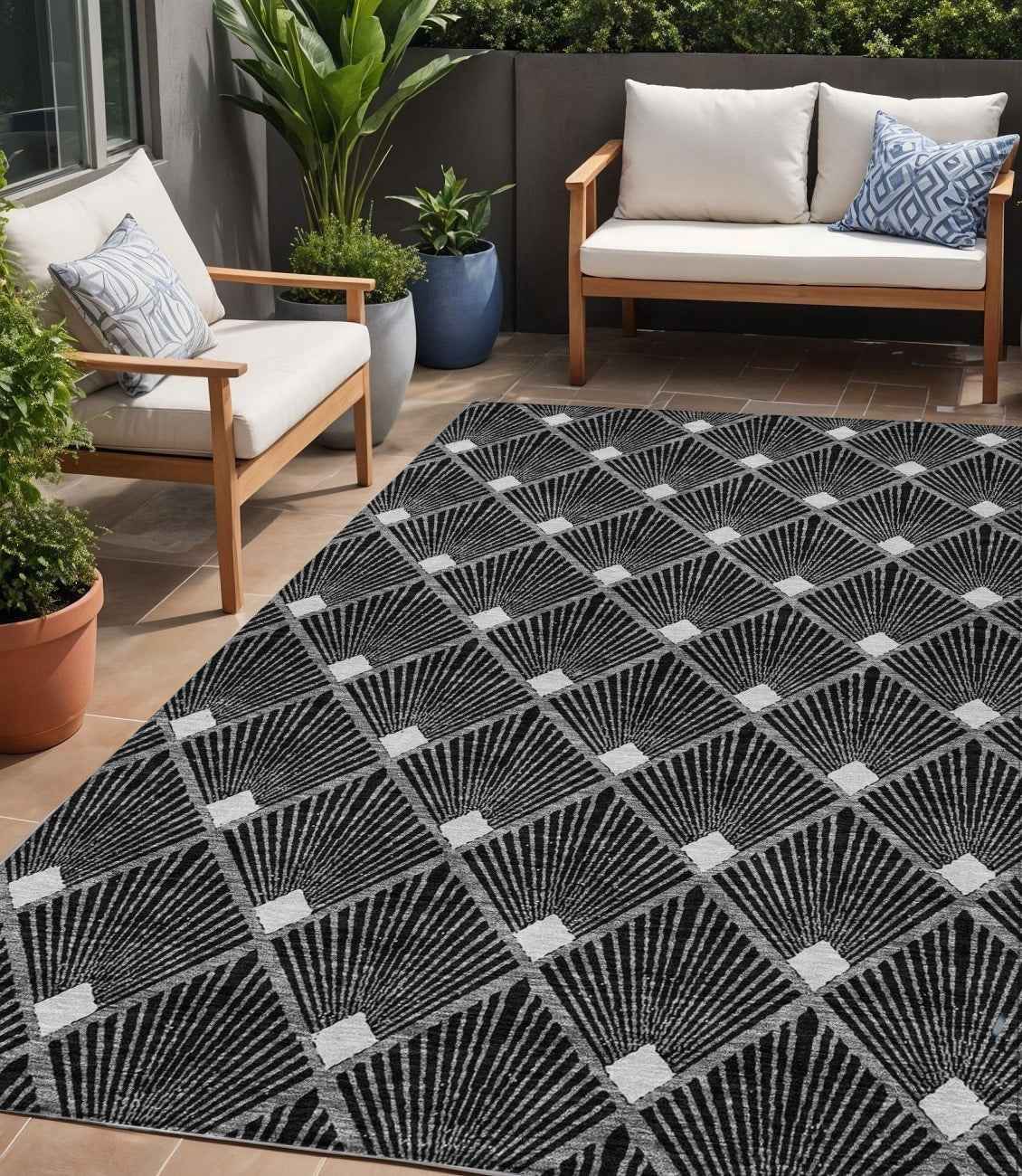 5' X 8' Black Gray And Ivory Geometric Washable Indoor Outdoor Area Rug