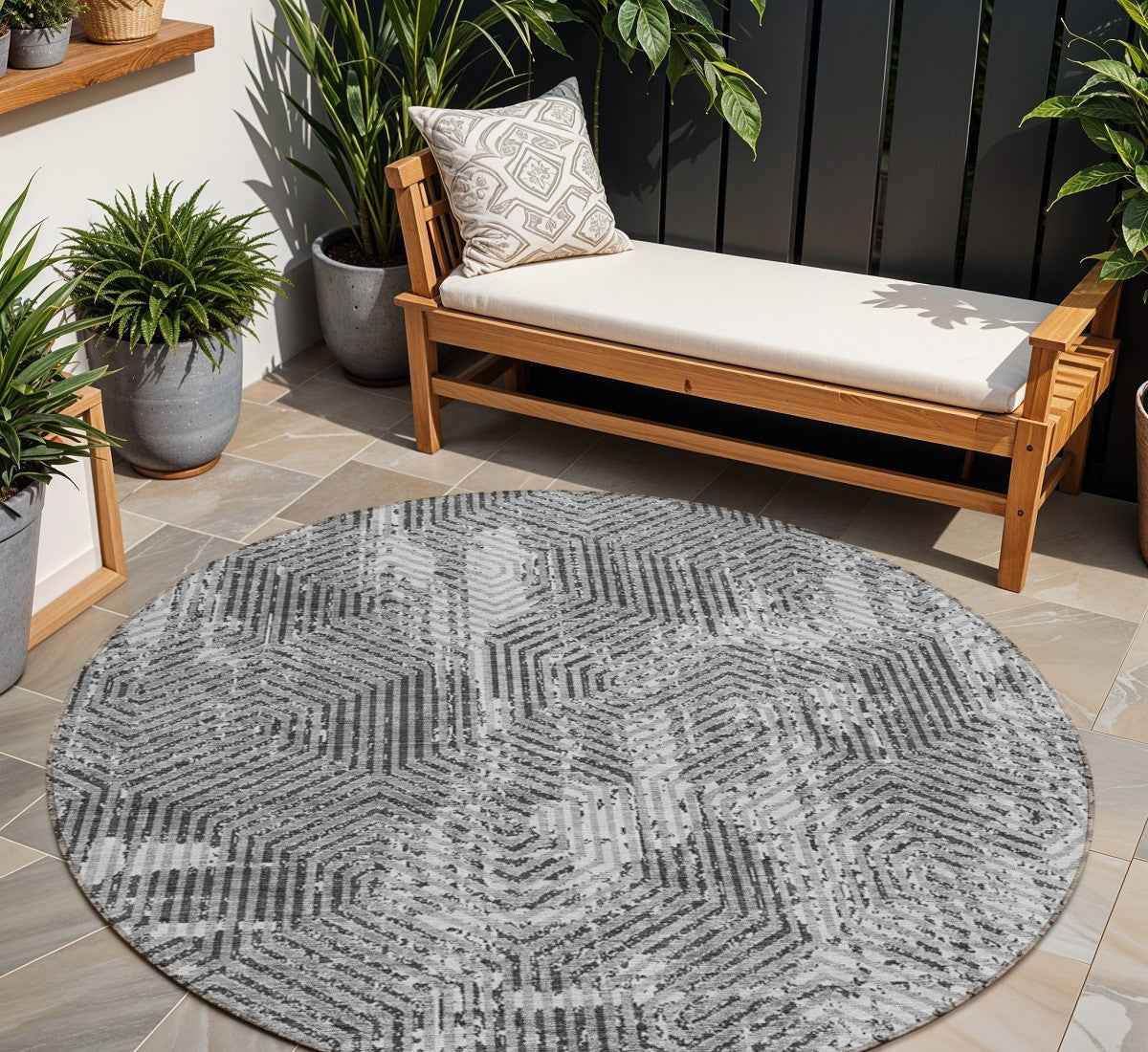 8' Gray And Charcoal Round Geometric Washable Indoor Outdoor Area Rug