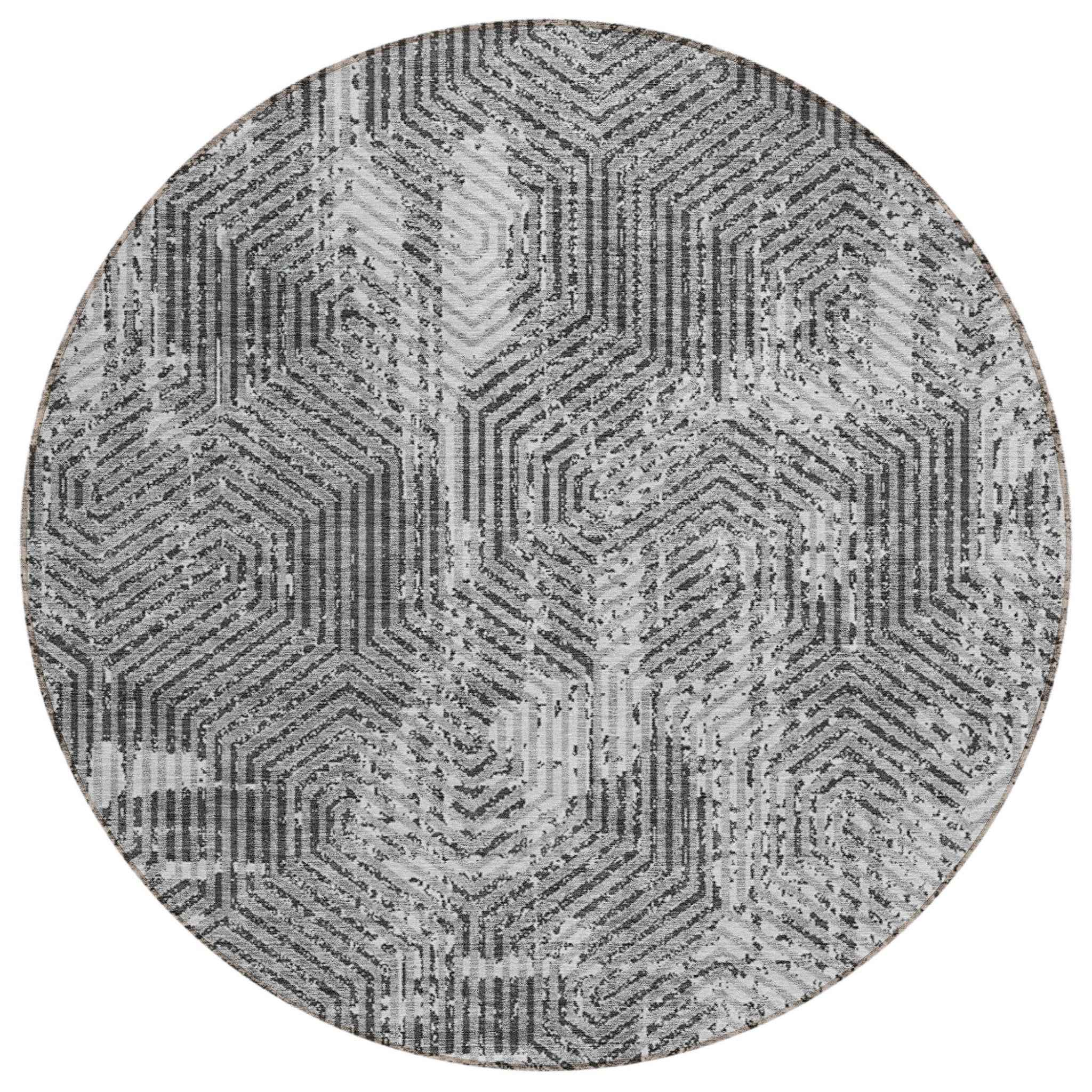 8' Gray And Charcoal Round Geometric Washable Indoor Outdoor Area Rug