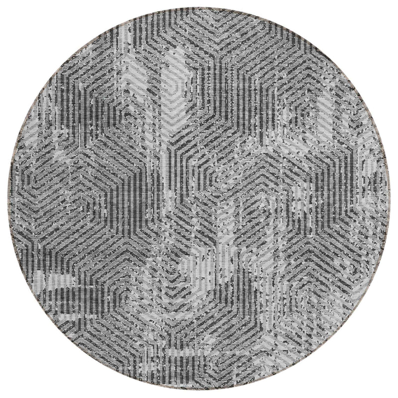 8' Gray And Charcoal Round Geometric Washable Indoor Outdoor Area Rug