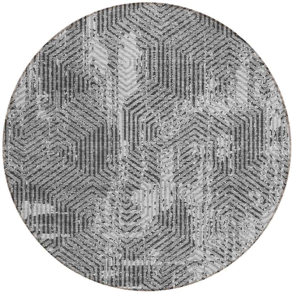 8' Gray And Charcoal Round Geometric Washable Indoor Outdoor Area Rug