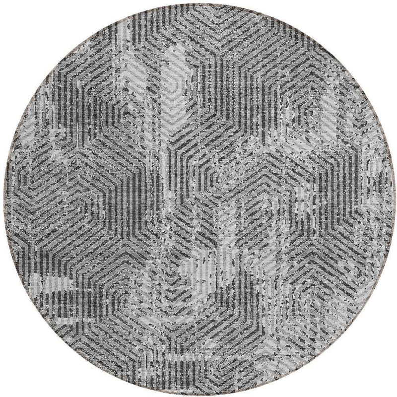 8' Gray And Charcoal Round Geometric Washable Indoor Outdoor Area Rug