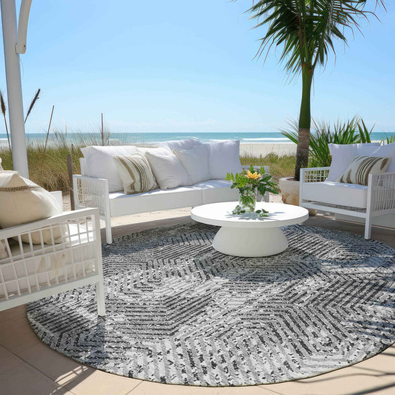 8' Gray And Charcoal Round Geometric Washable Indoor Outdoor Area Rug