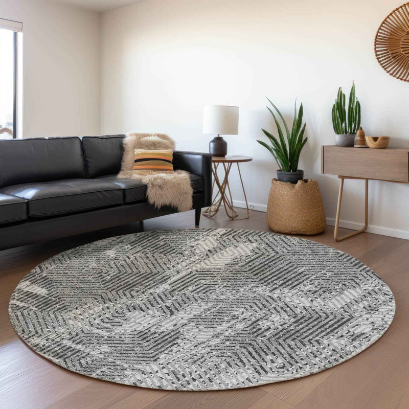 8' Gray And Charcoal Round Geometric Washable Indoor Outdoor Area Rug