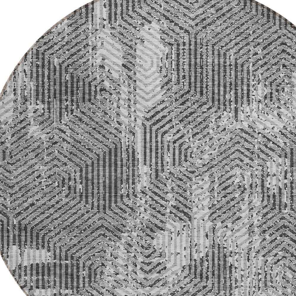 8' Gray And Charcoal Round Geometric Washable Indoor Outdoor Area Rug