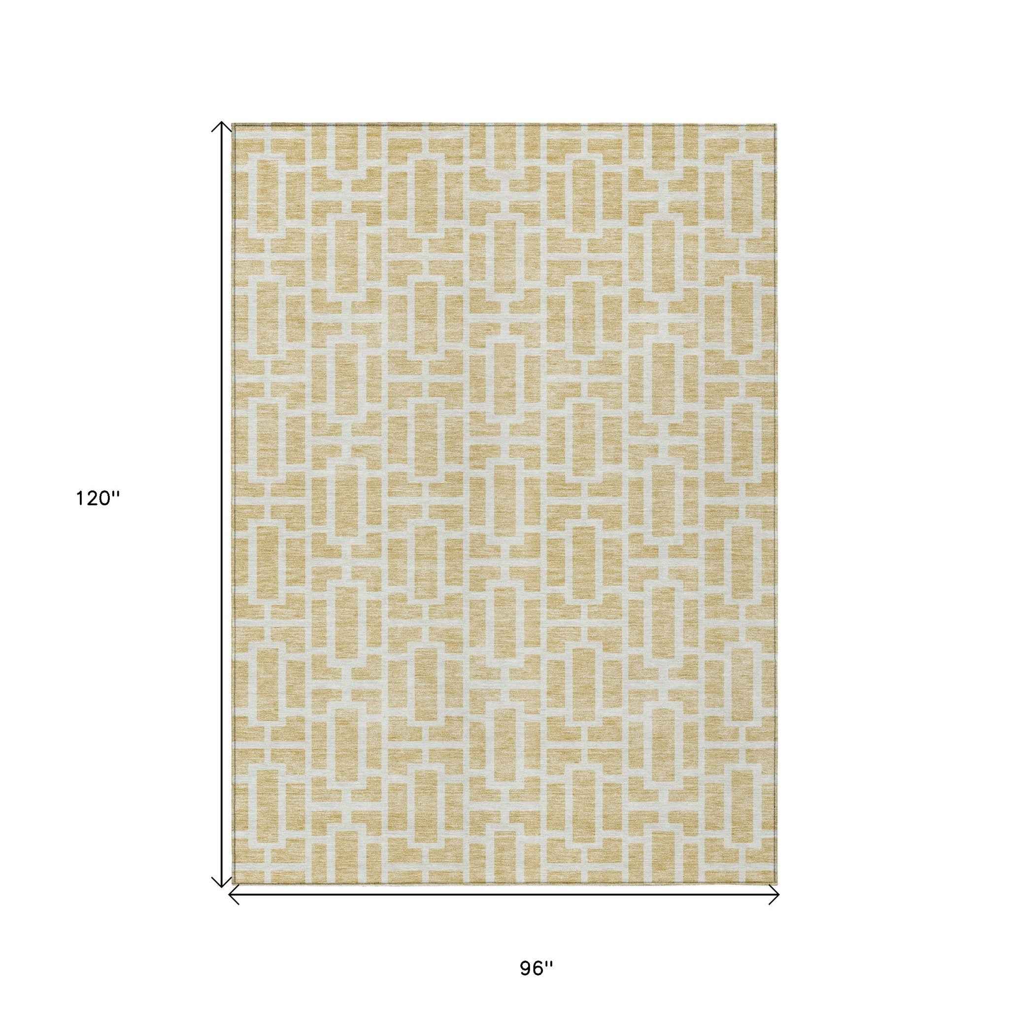 8' X 10' Wheat And Ivory Geometric Washable Indoor Outdoor Area Rug